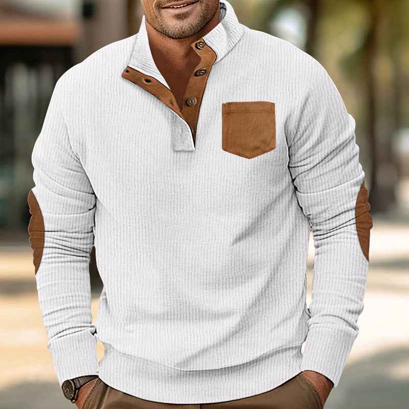 MoveX Men's Stand Collar Quarter Button Corduroy Pocket Sweatshirt