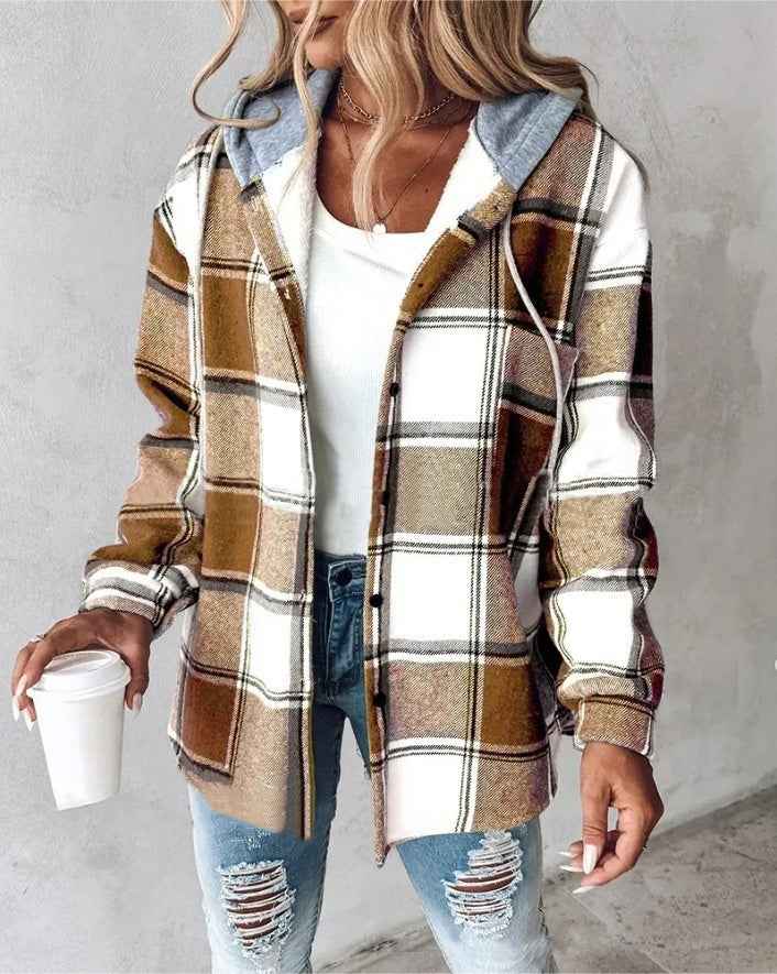 MoveX Women's Plaid Hooded Shacket Button Up Flannel Shirt Jacket