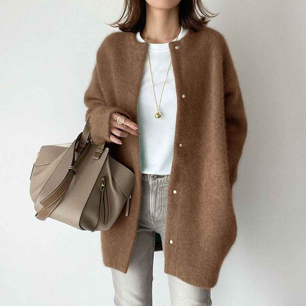 MoveX Women's Oversized Fuzzy Knit Cardigan Coat Crew Neck Button Front