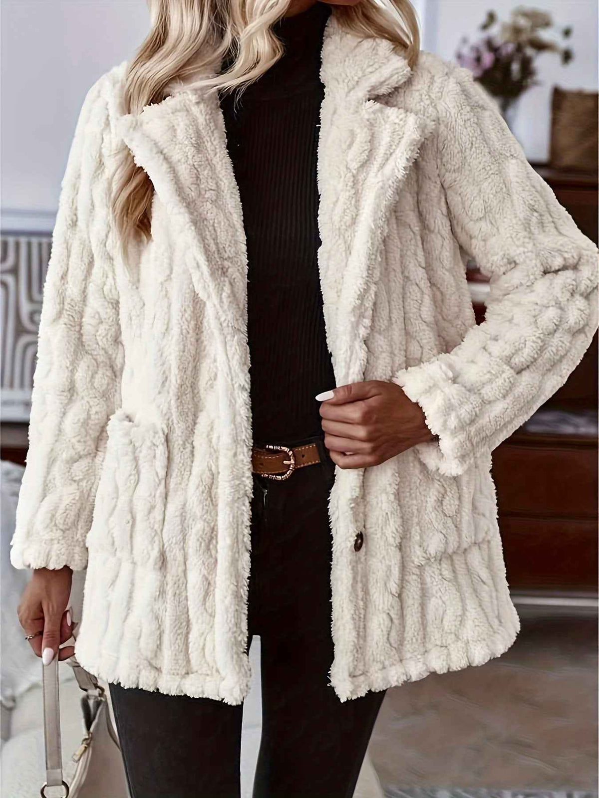 MoveX Women's Textured Plush Button Front Jacket Fuzzy Lapel Cardigan Coat