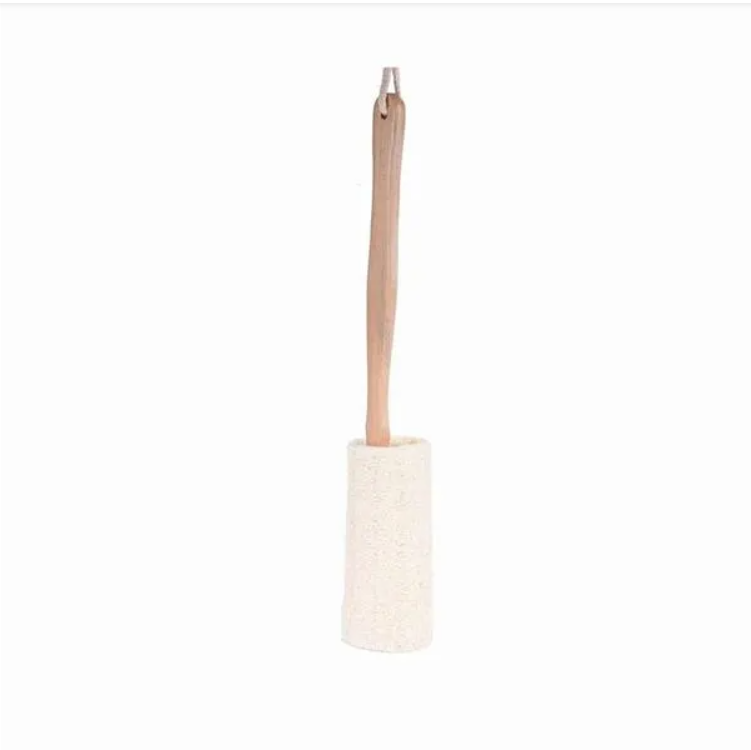 Natural loofah bath brush with long wooden handle - front view