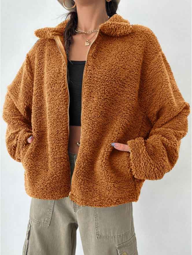 MoveX Women's Teddy Fleece Zip Jacket Drop Shoulder Fuzzy Sherpa Coat