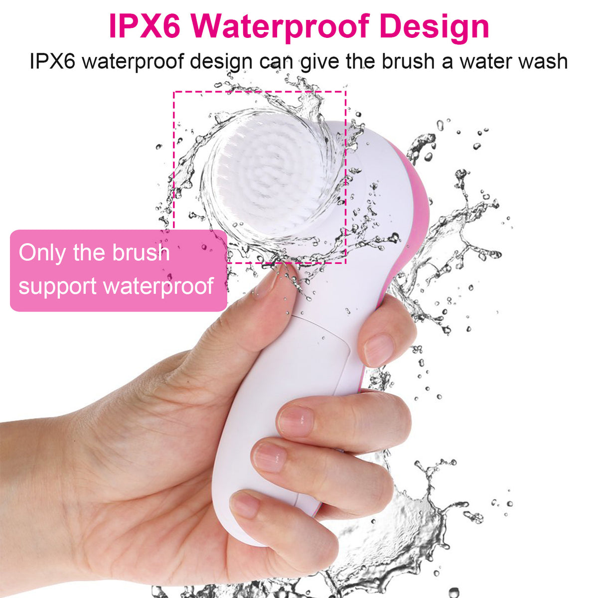 Facial cleansing spin brush with 5 brush heads pink - image 3