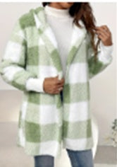 Women's fuzzy plaid hooded cardigan open front fleece shacket - image 3