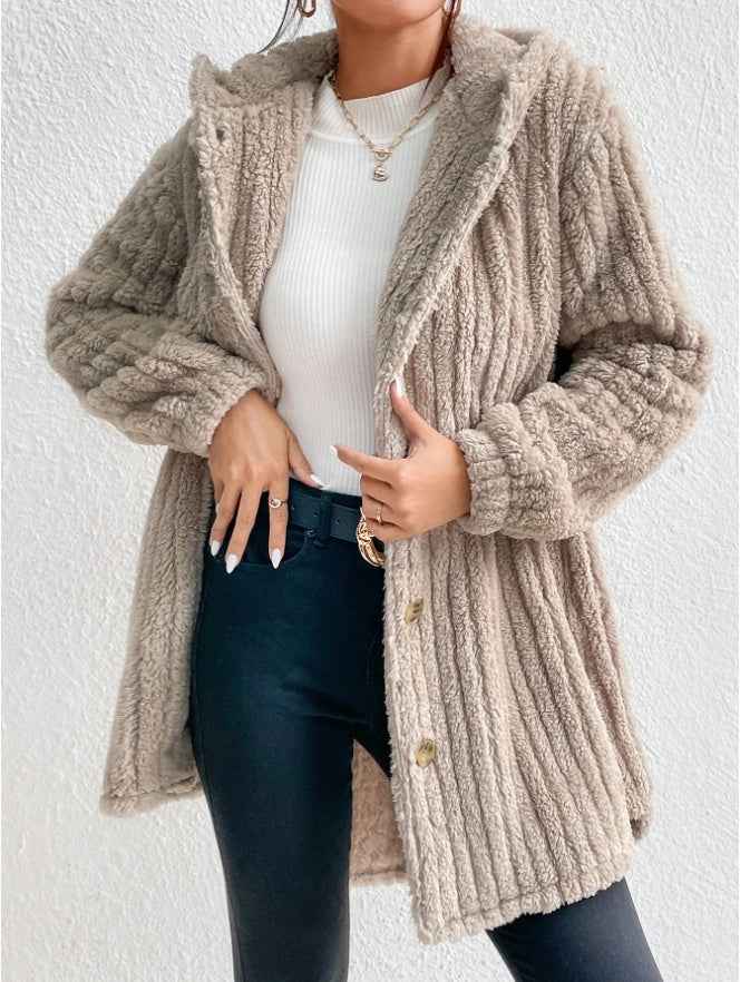 MoveX Women's Hooded Teddy Coat Button Front Fuzzy Fleece Jacket with Pockets