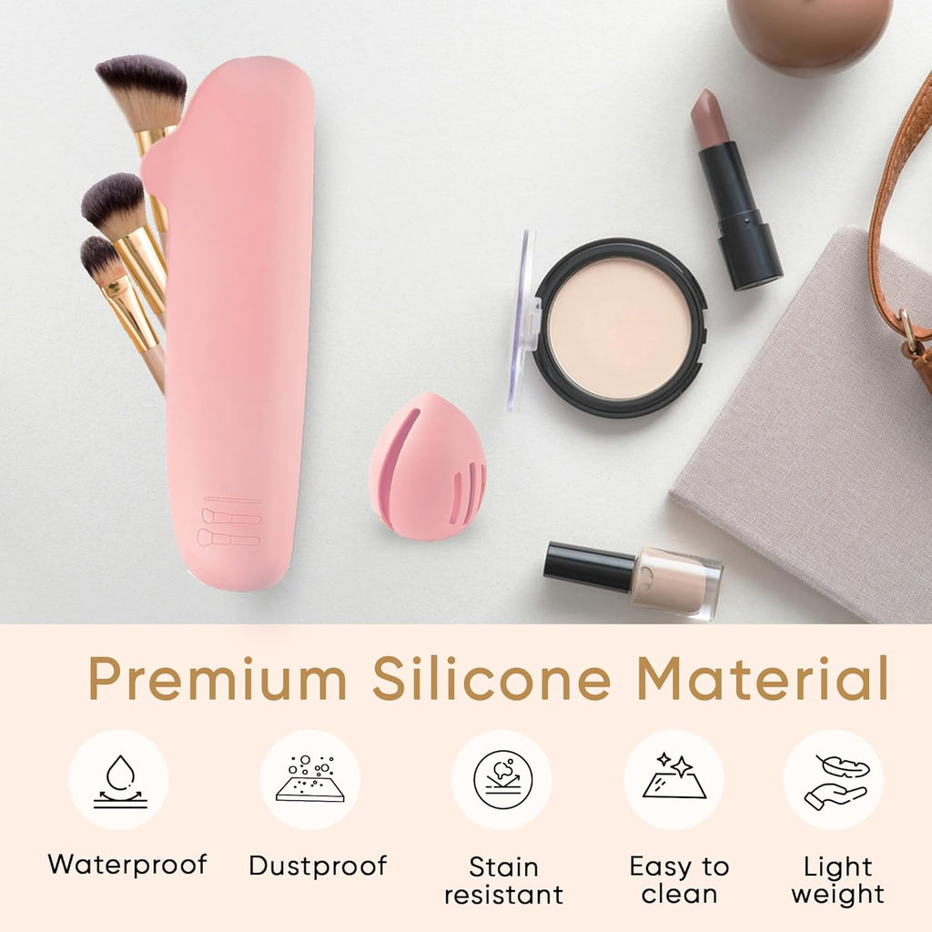 Silicone makeup brush holder travel case with sponge holder pink - image 2