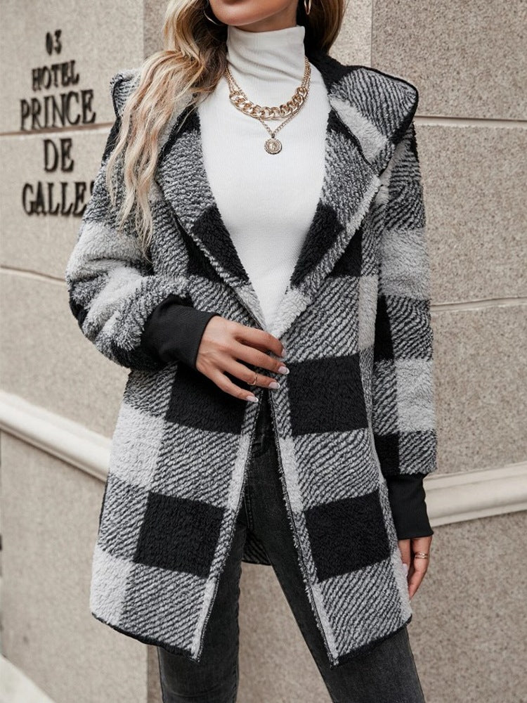 Women's fuzzy plaid hooded cardigan open front fleece shacket - front view