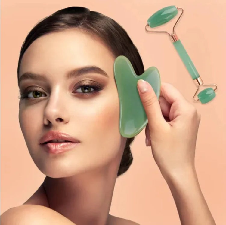Gua sha facial tool and face roller set 2 piece green - front view