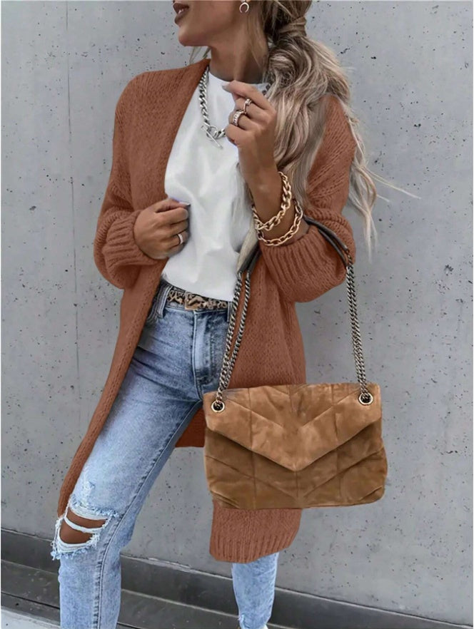 Women's long open front knit cardigan loose duster sweater - front view