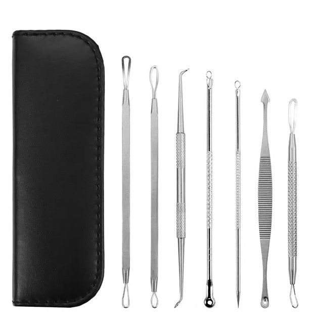 7 piece blackhead extractor tool kit stainless steel with case - front view