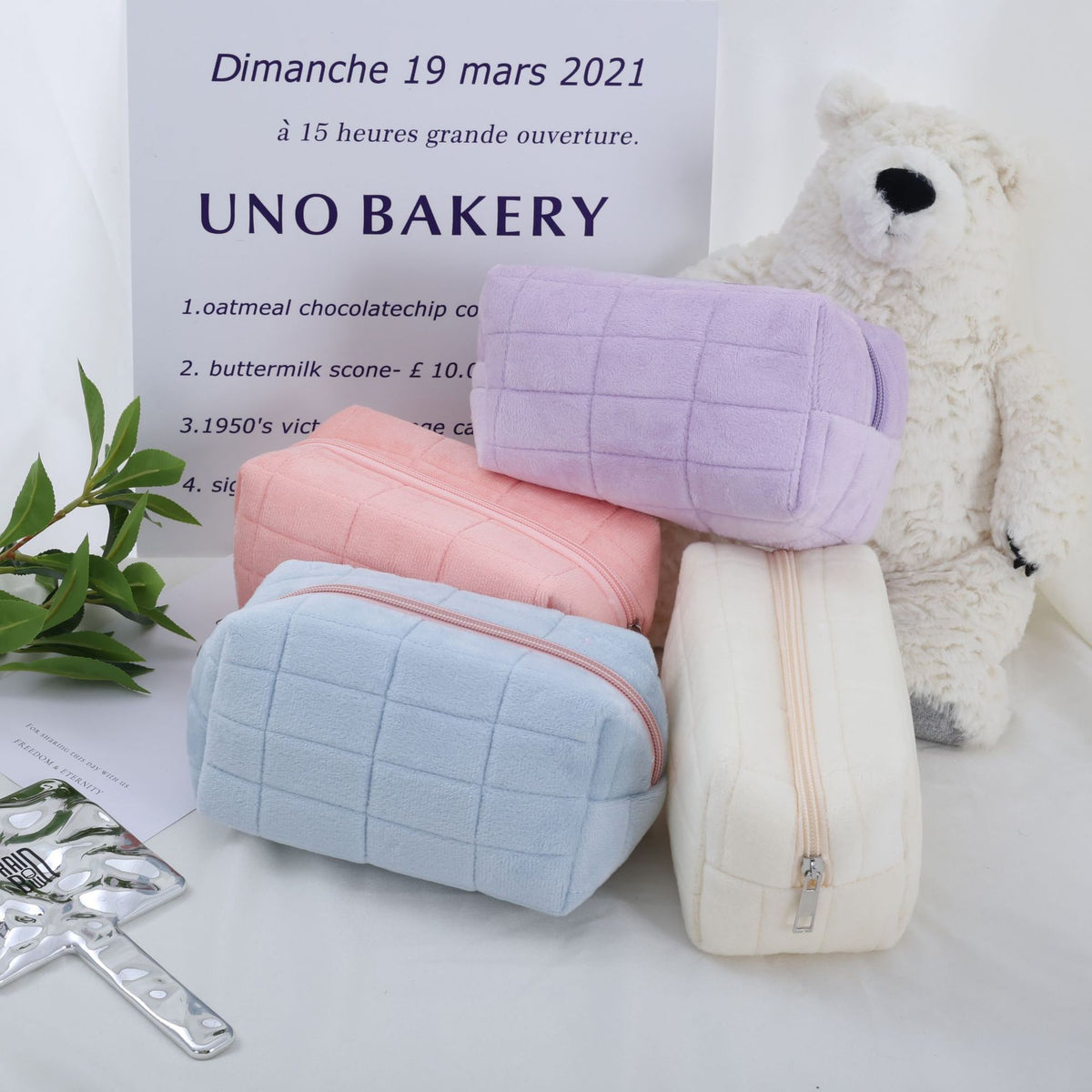Quilted plush makeup pouch skincare travel bag - front view