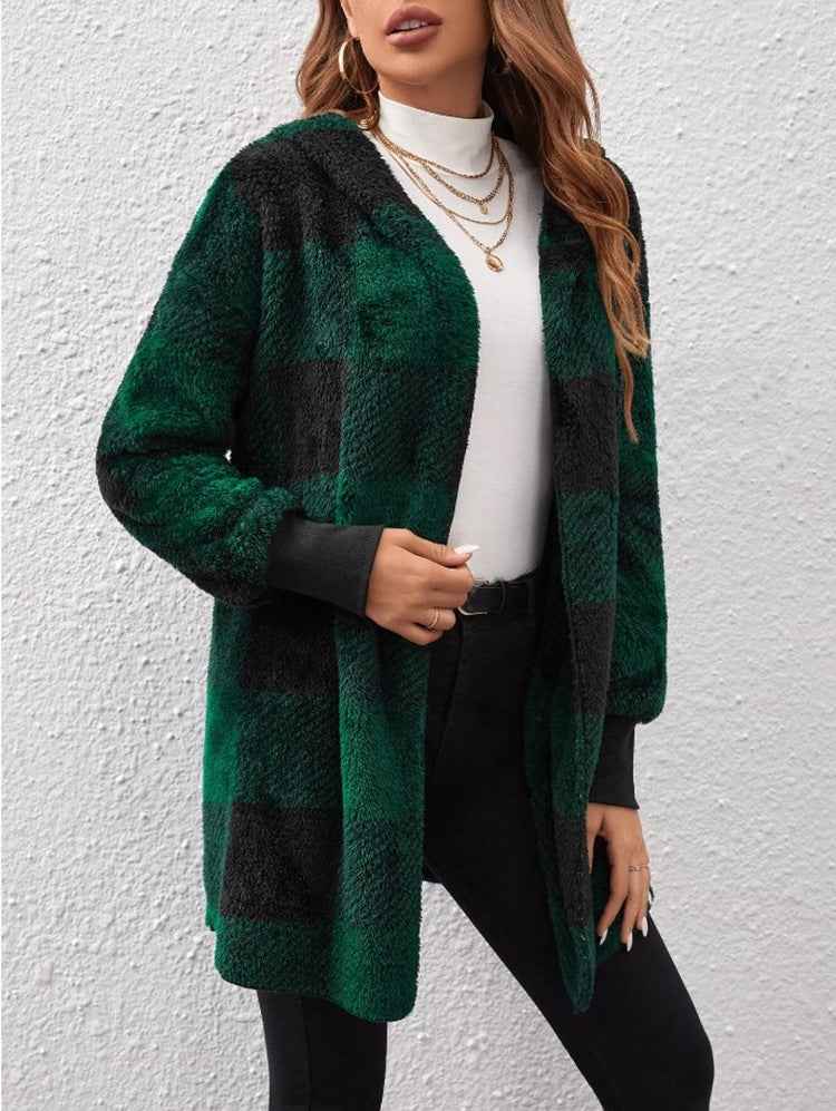 MoveX Women's Plaid Hooded Fleece Coat Open Front Fuzzy Cardigan Jacket