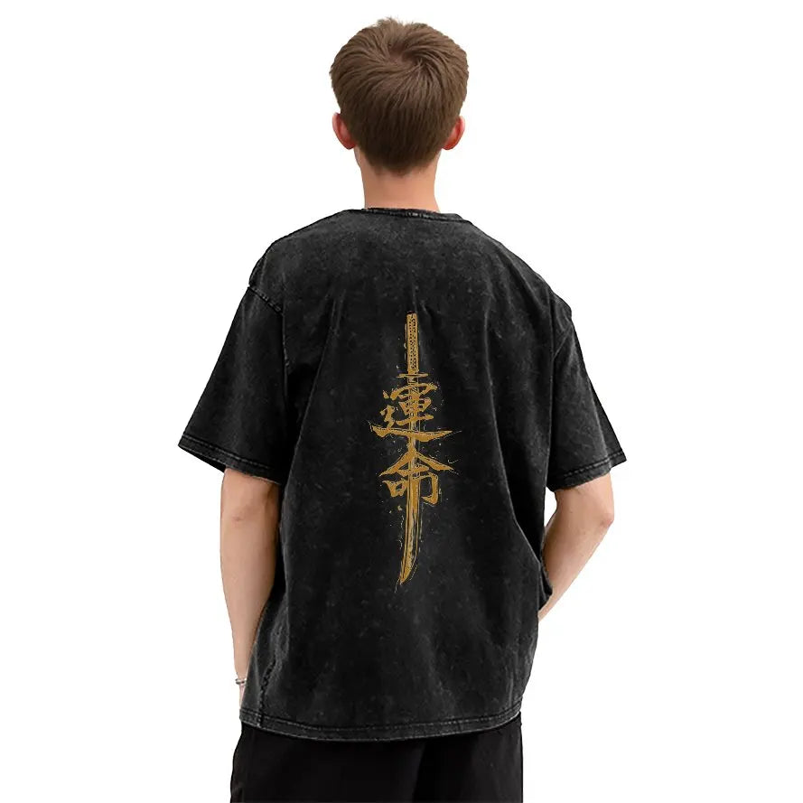 MoveX Vintage Washed Samurai Kanji Oversized Tee
