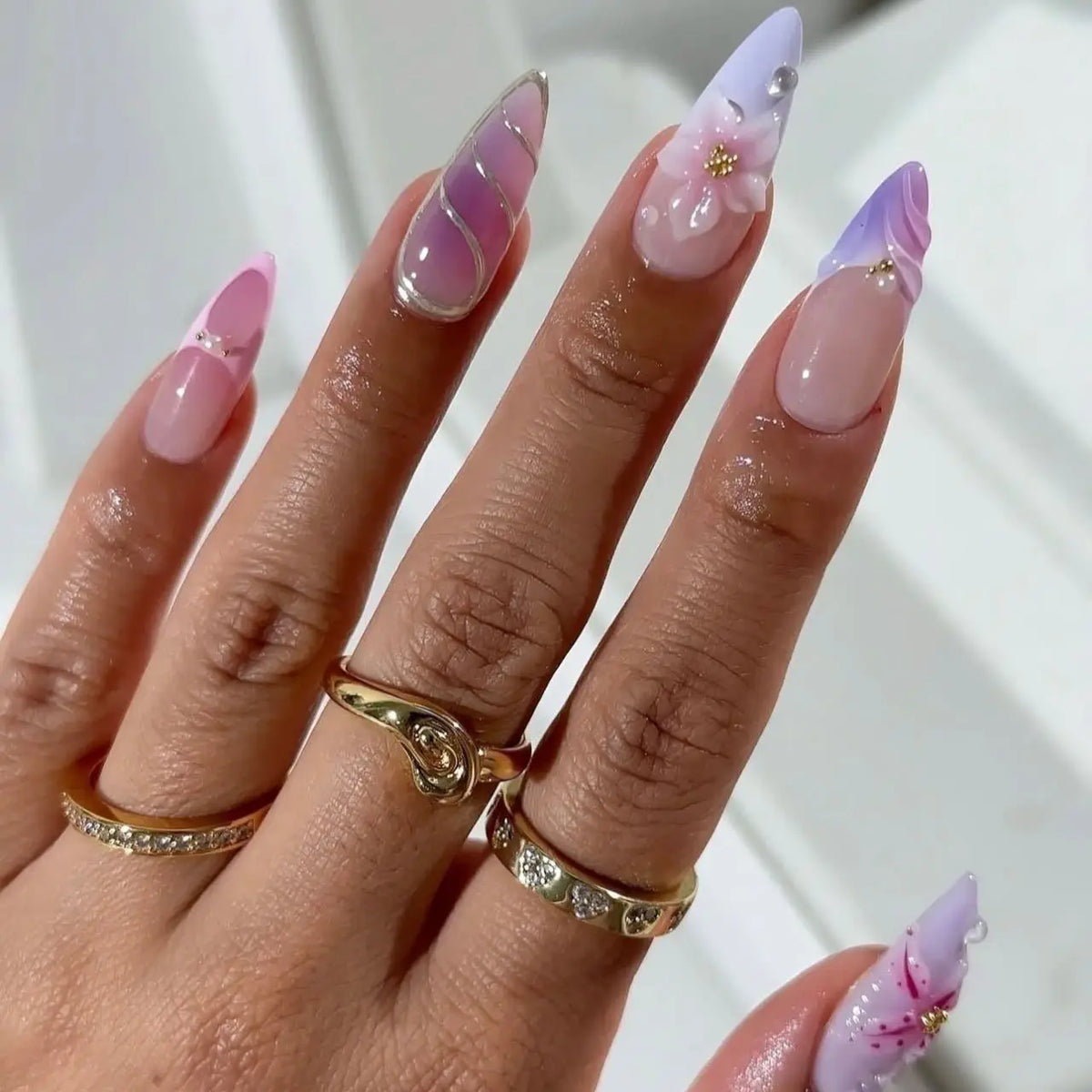 Pearl Starlight Almond Press-On Nails – 24 Pcs (Assorted Designs)