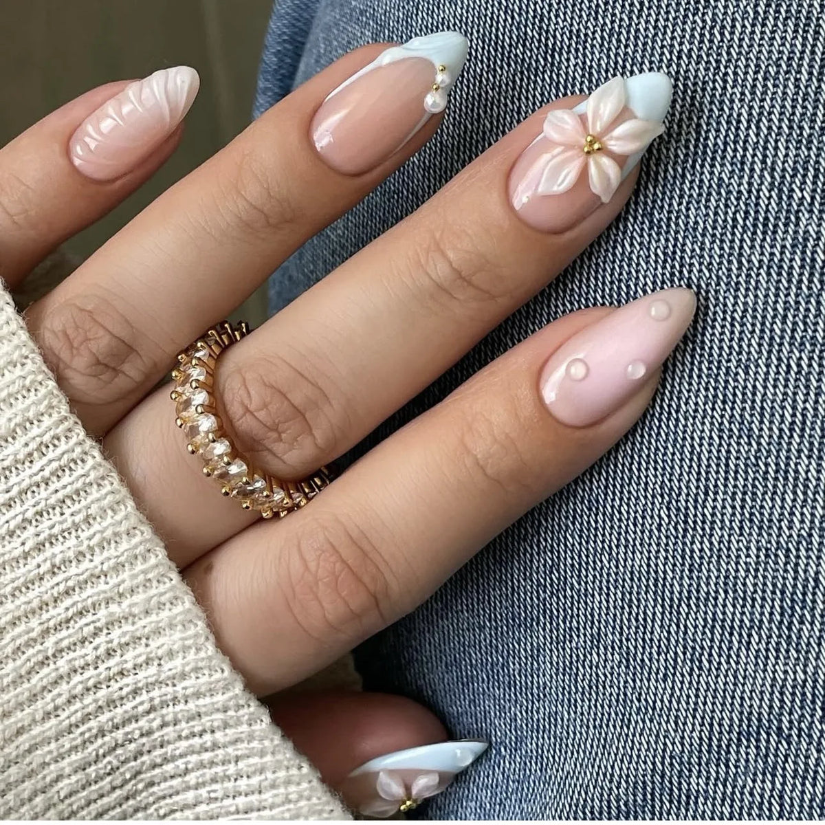 Pearl Starlight Almond Press-On Nails – 24 Pcs (Assorted Designs)