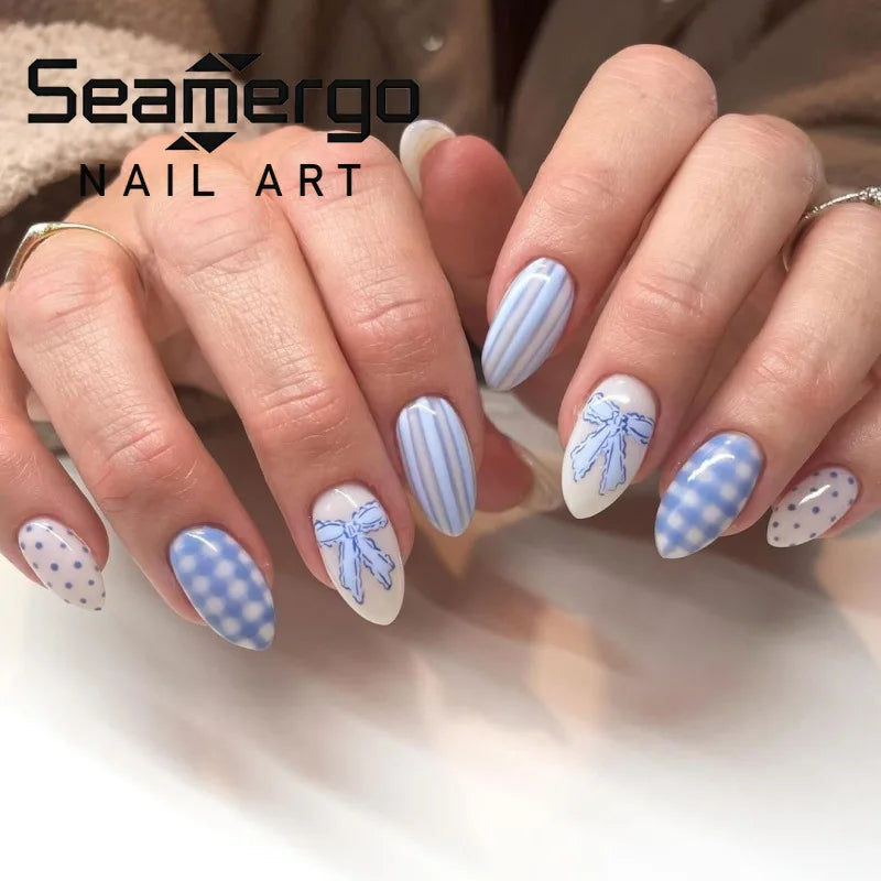 Light Blue Bow Press-On Nails – Short Almond, Reusable