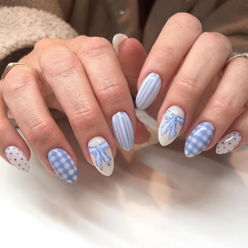 Light Blue Bow Press-On Nails – Short Almond, Reusable