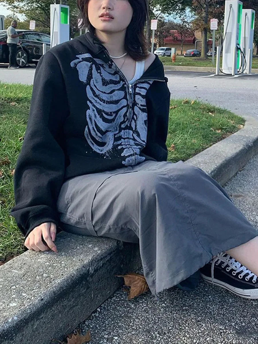 MoveX Women's Skull Print Grunge Zip-Up Hoodie