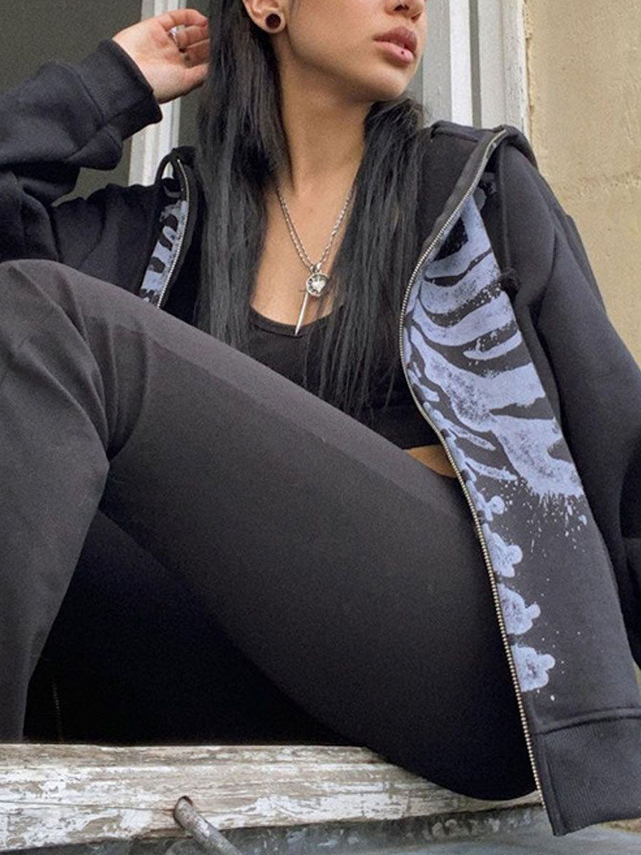 MoveX Women's Skull Print Grunge Zip-Up Hoodie