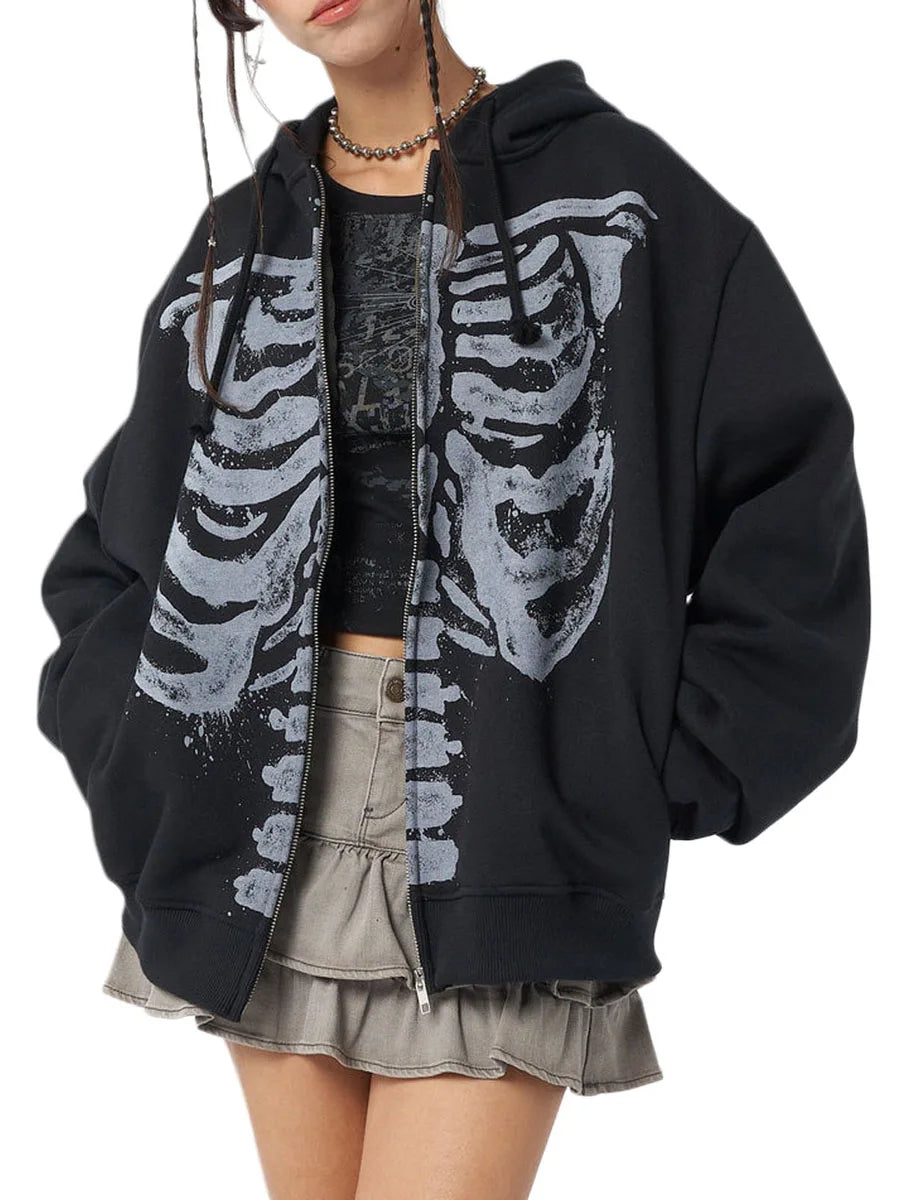 MoveX Women's Skull Print Grunge Zip-Up Hoodie