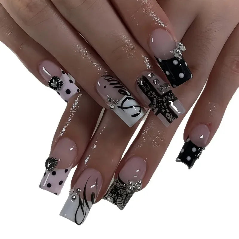 Y2K Black Lace Press-On Nails – 24 Pcs Medium Square with 3D Silver Bows