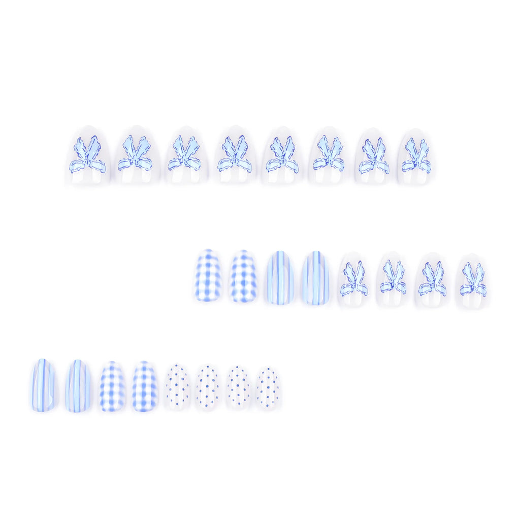 Light Blue Bow Press-On Nails – Short Almond, Reusable