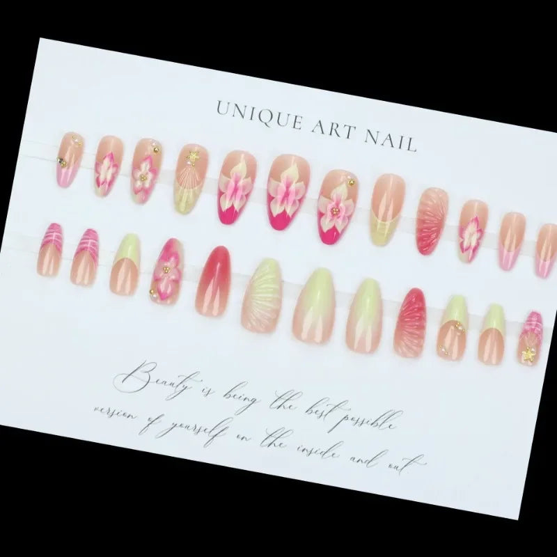 Pearl Starlight Almond Press-On Nails – 24 Pcs (Assorted Designs)