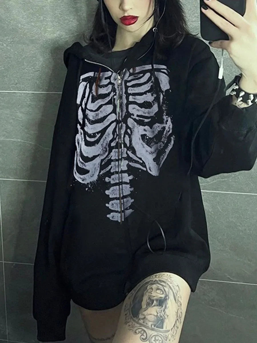 MoveX Women's Skull Print Grunge Zip-Up Hoodie