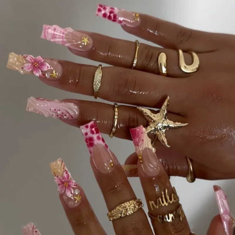 Leopard Print Press-On Nails – 24 Pcs Long Square with Cherry Design