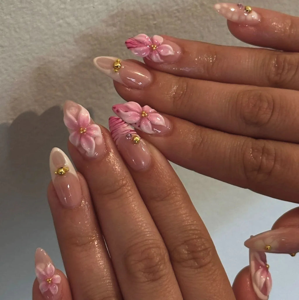 Pearl Starlight Almond Press-On Nails – 24 Pcs (Assorted Designs)