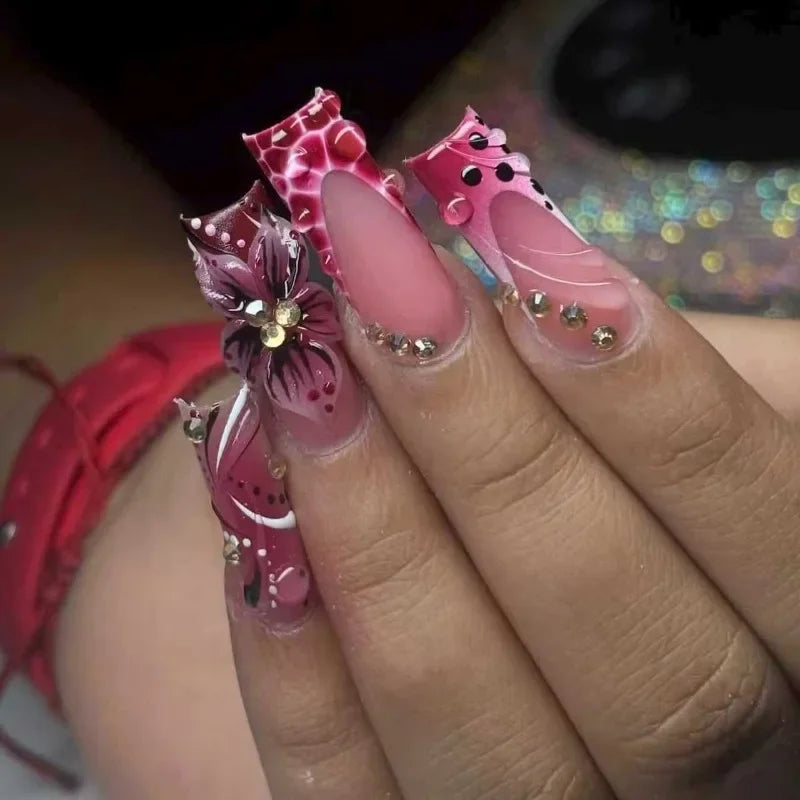Leopard Print Press-On Nails – 24 Pcs Long Square with Cherry Design