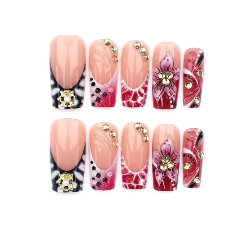 Leopard Print Press-On Nails – 24 Pcs Long Square with Cherry Design