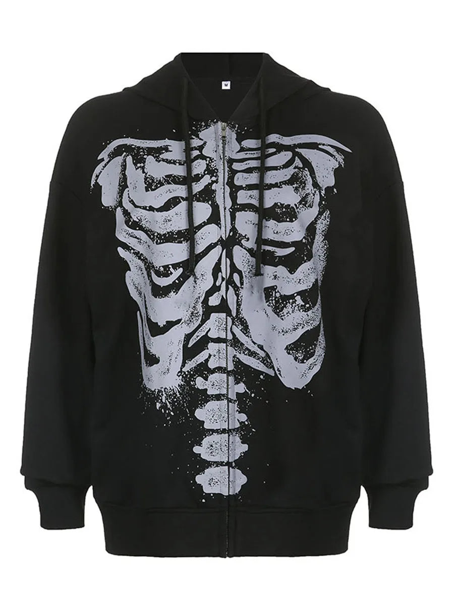 MoveX Women's Skull Print Grunge Zip-Up Hoodie