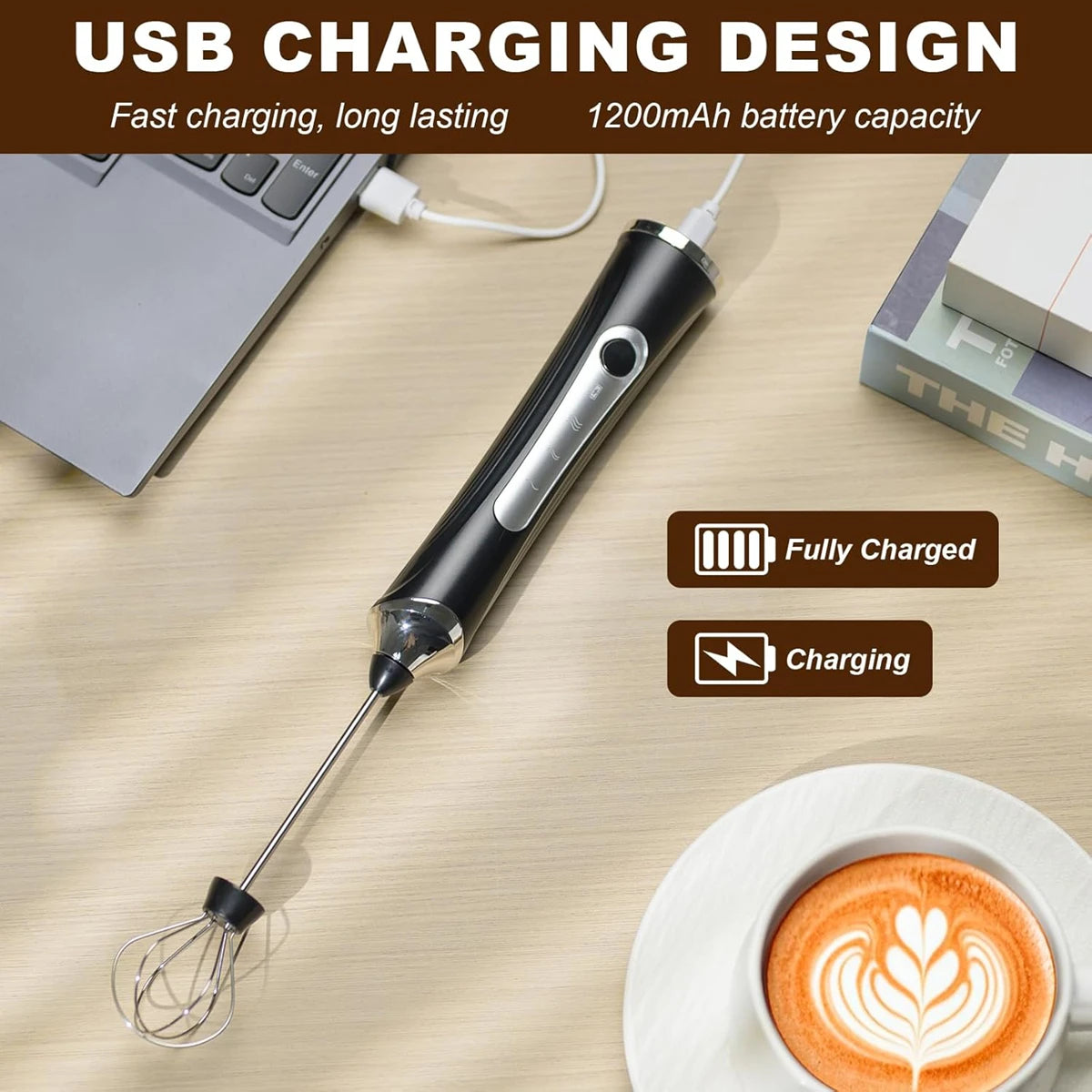 Rechargeable Handheld Milk Frother for Latte & Cappuccino