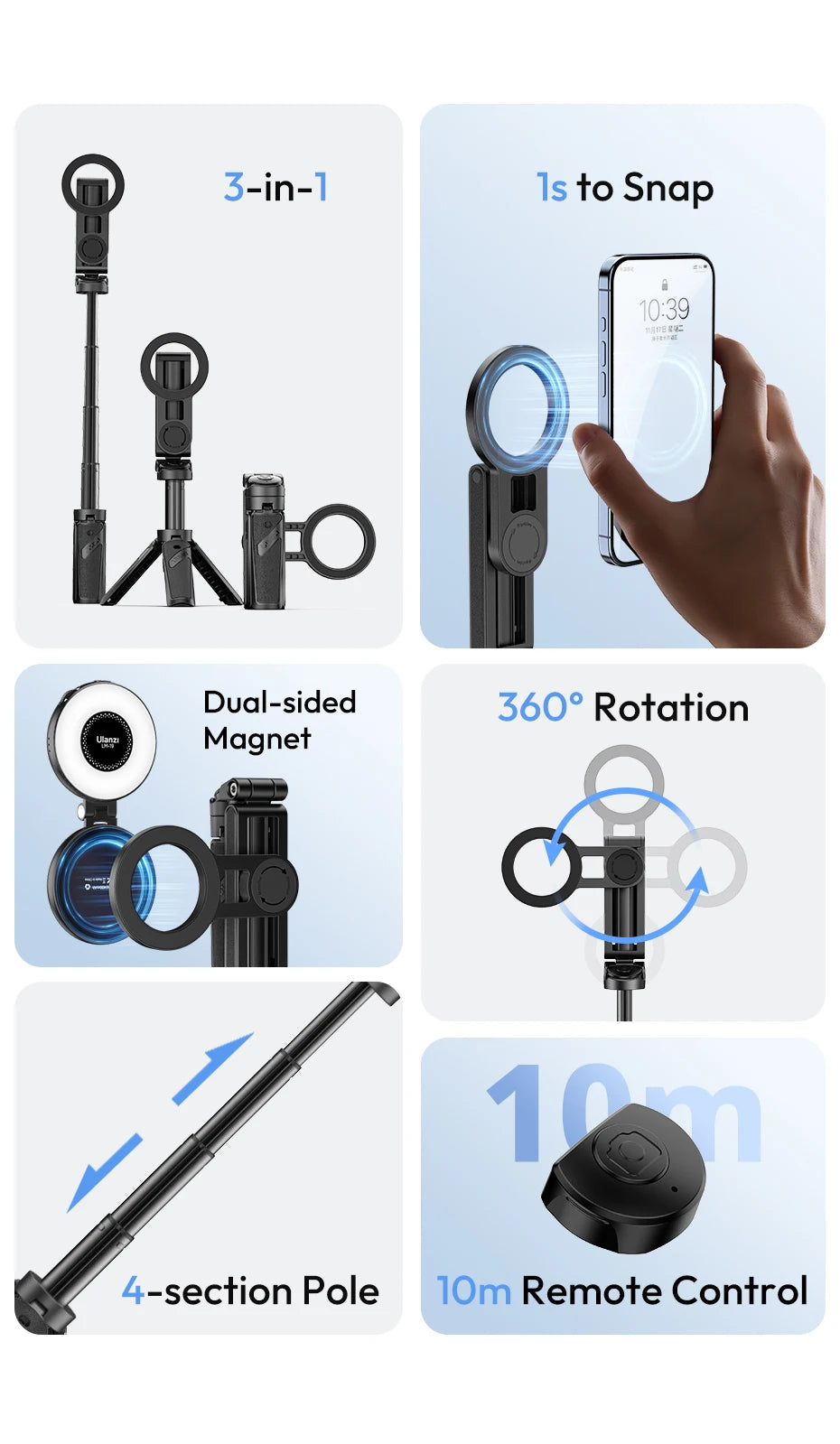 Ulanzi JJ03 Magnetic Phone Tripod & Selfie Stick with Remote