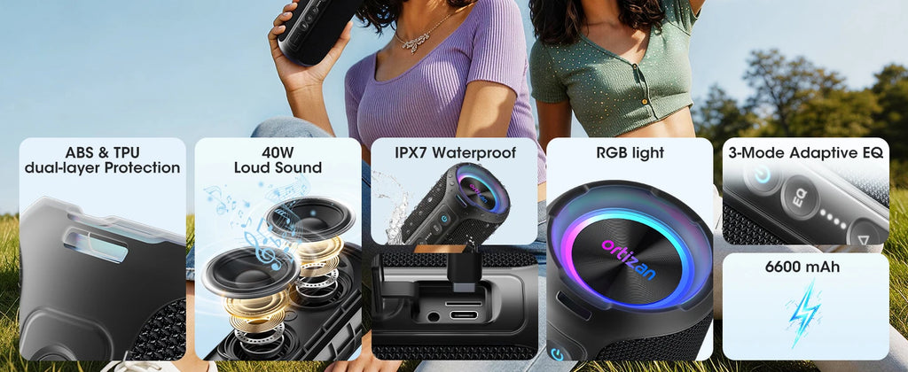 Ortizan 40W Portable Bluetooth Speaker – IPX7 Waterproof, RGB Lights