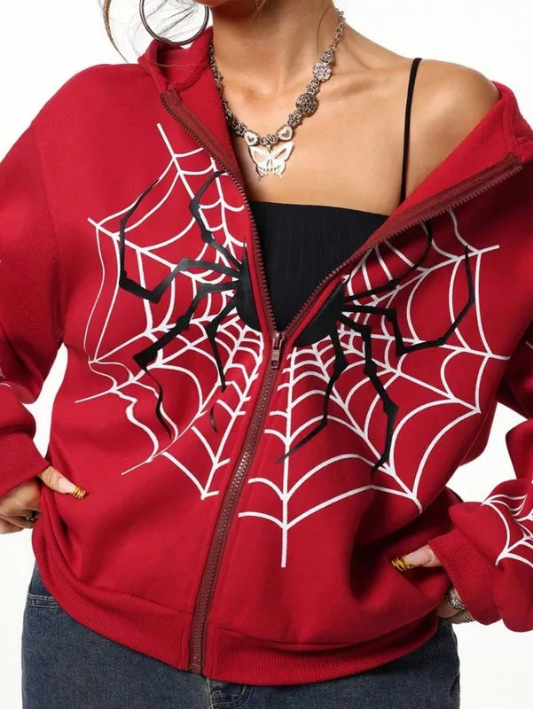 MoveX Y2K Spider Web Zip-Up Hoodie