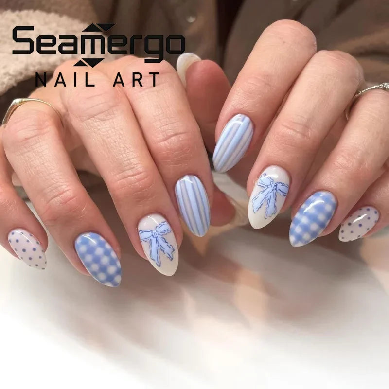 Light Blue Bow Press-On Nails – Short Almond, Reusable