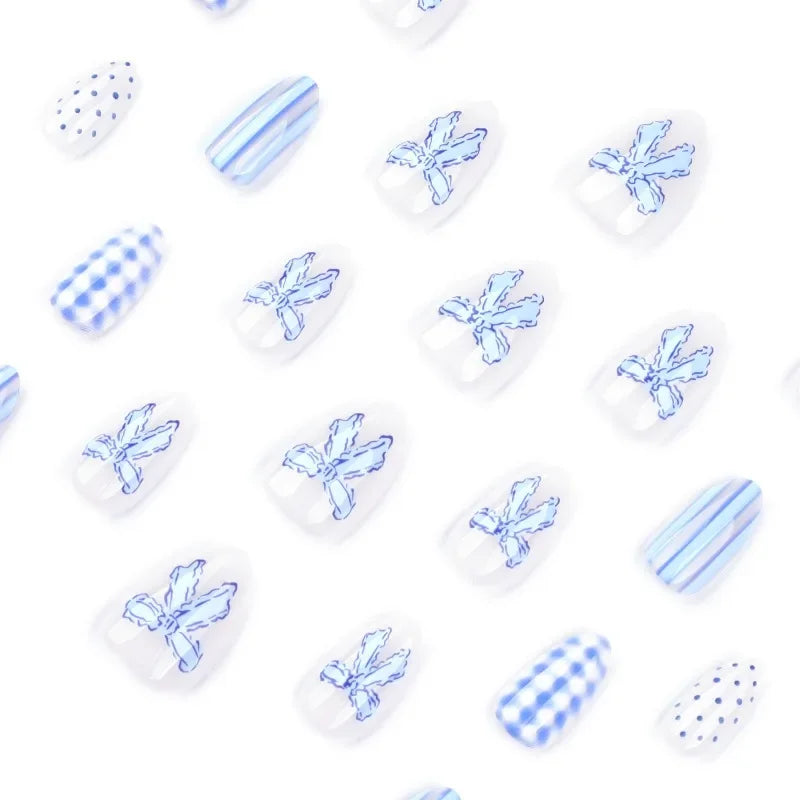 Light Blue Bow Press-On Nails – Short Almond, Reusable