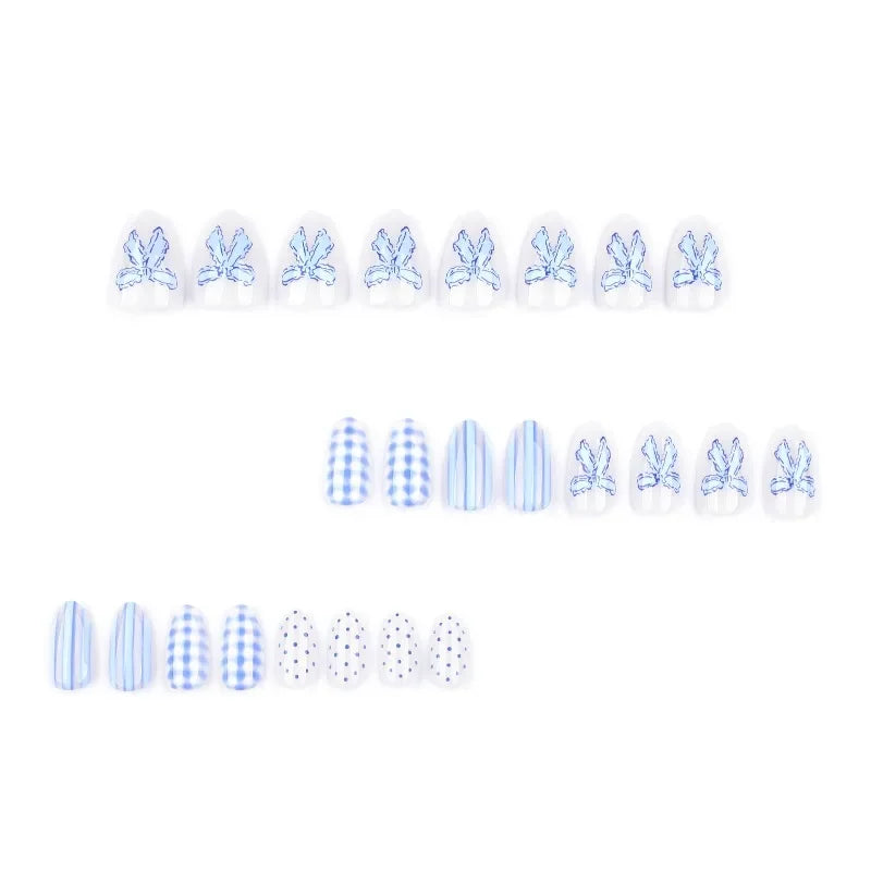 Light Blue Bow Press-On Nails – Short Almond, Reusable