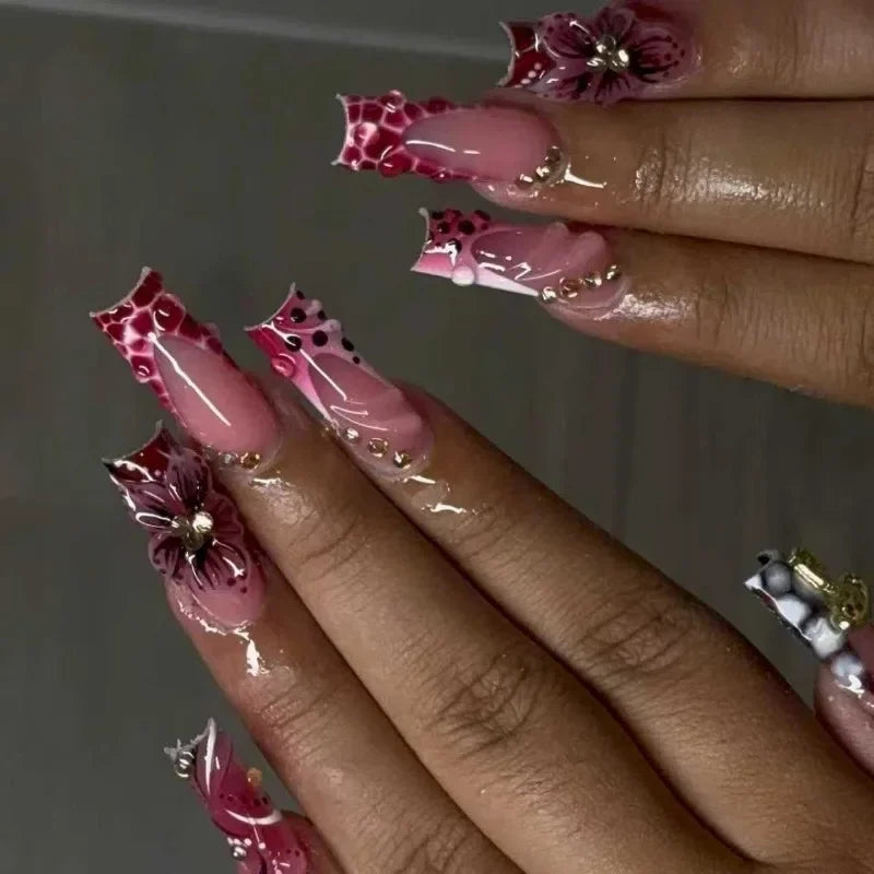 Leopard Print Press-On Nails – 24 Pcs Long Square with Cherry Design