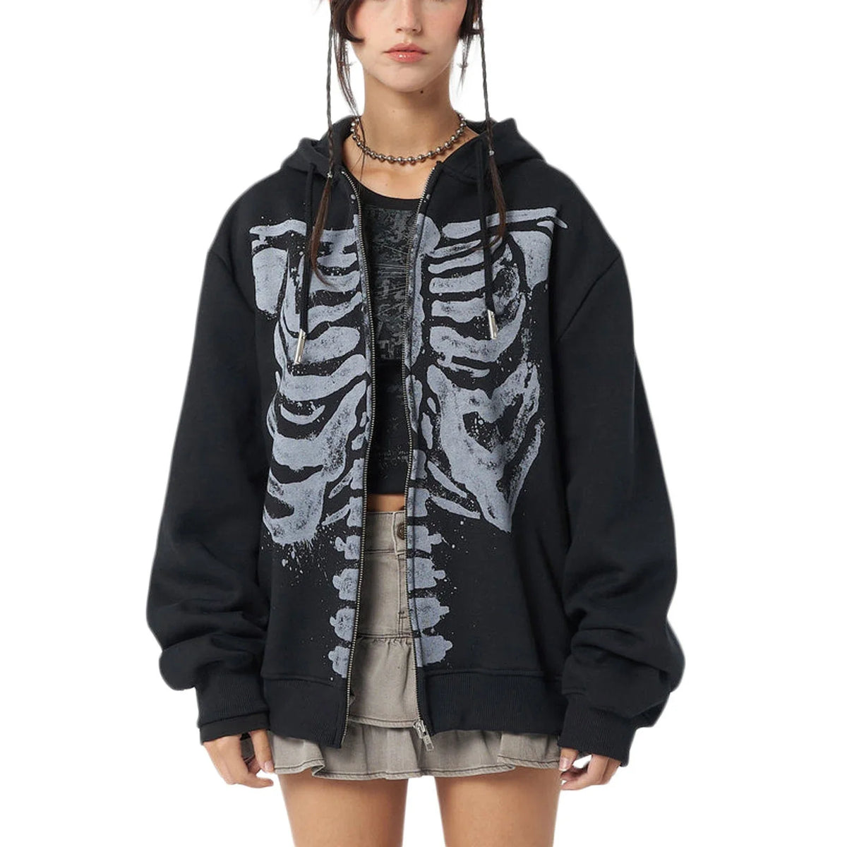 MoveX Women's Skull Print Grunge Zip-Up Hoodie