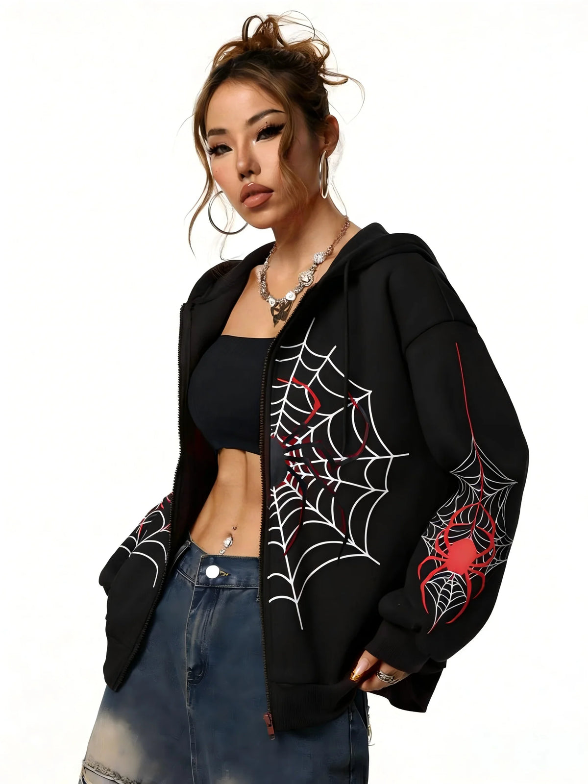 MoveX Y2K Spider Web Zip-Up Hoodie