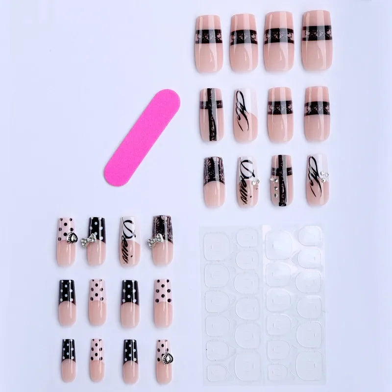 Y2K Black Lace Press-On Nails – 24 Pcs Medium Square with 3D Silver Bows