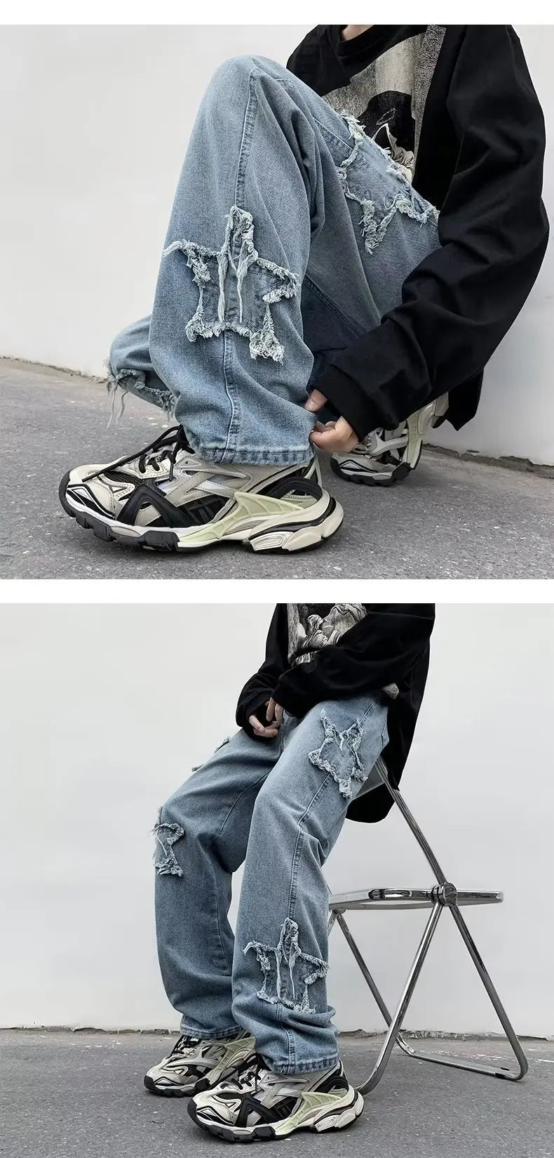 MoveX Star Embroidered Baggy Jeans
