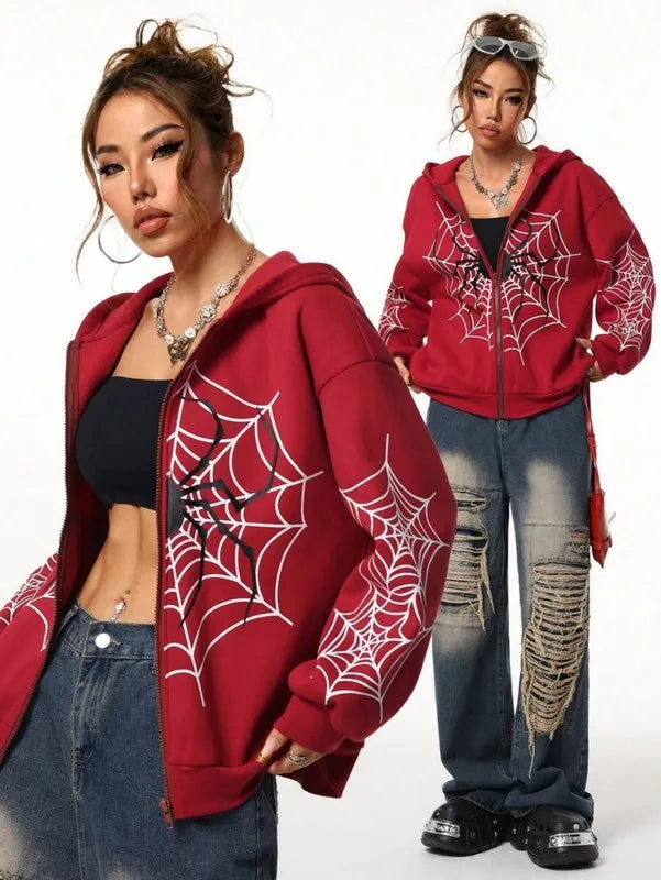 MoveX Y2K Spider Web Zip-Up Hoodie