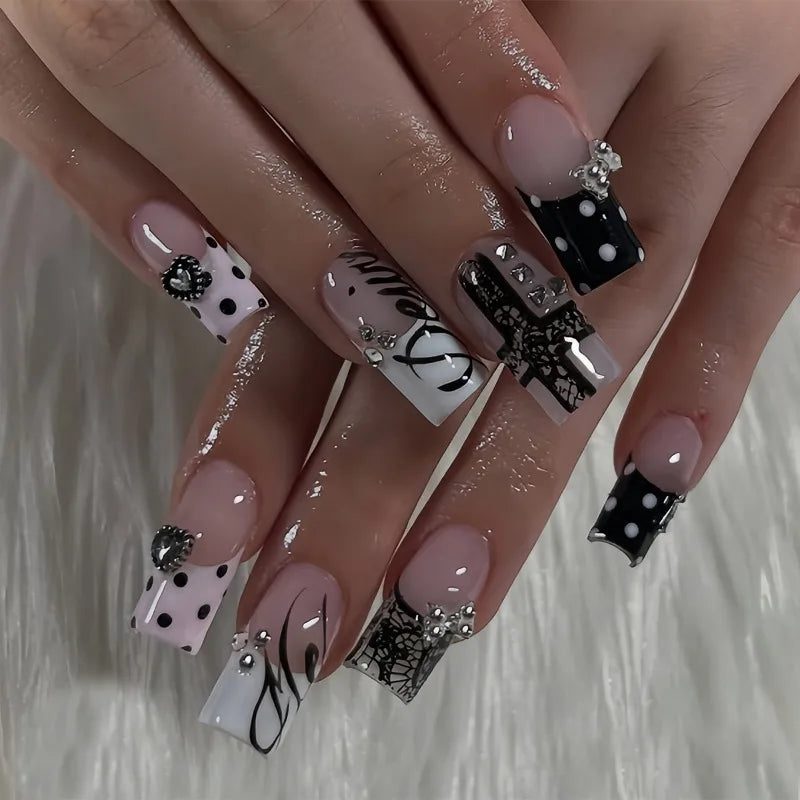 Y2K Black Lace Press-On Nails – 24 Pcs Medium Square with 3D Silver Bows