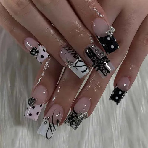 Y2K Black Lace Press-On Nails – 24 Pcs Medium Square with 3D Silver Bows