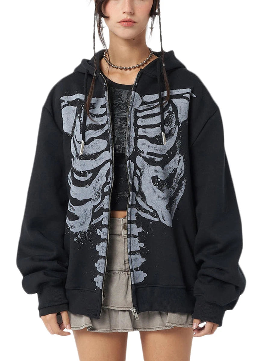 MoveX Women's Skull Print Grunge Zip-Up Hoodie