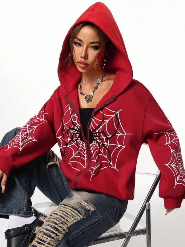 MoveX Y2K Spider Web Zip-Up Hoodie